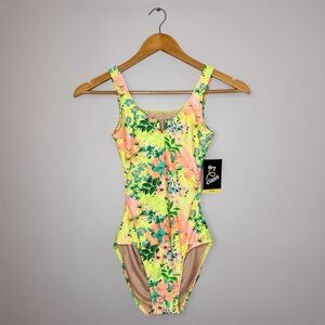 New Art Class Girls Neon All Over Floral Back Cutout One Piece Swimsuit